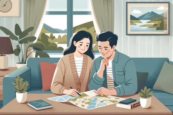 リビングで地図を広げて旅の行き先を決める男女