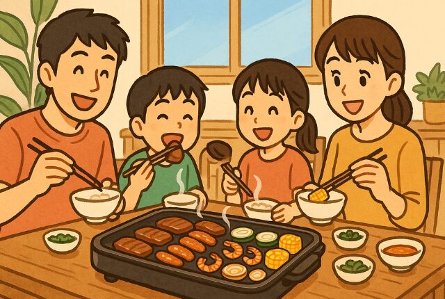 家族4人でホットプレートを囲って楽しそうに食事をしている様子