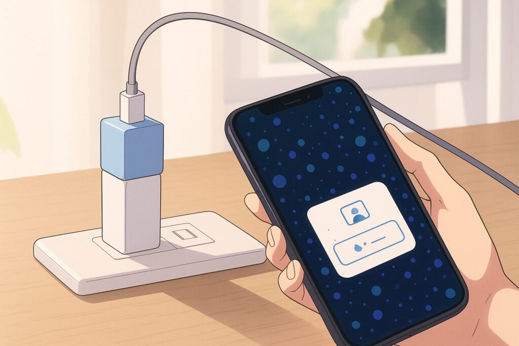 バックアップ中のスマホを持つ手のイラスト