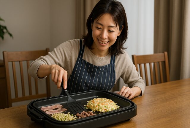 エプロン姿で笑顔の女性がホットプレートで料理している