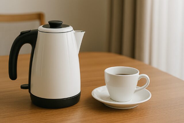 取っ手が黒くて白いケトルと白いコーヒーカップ