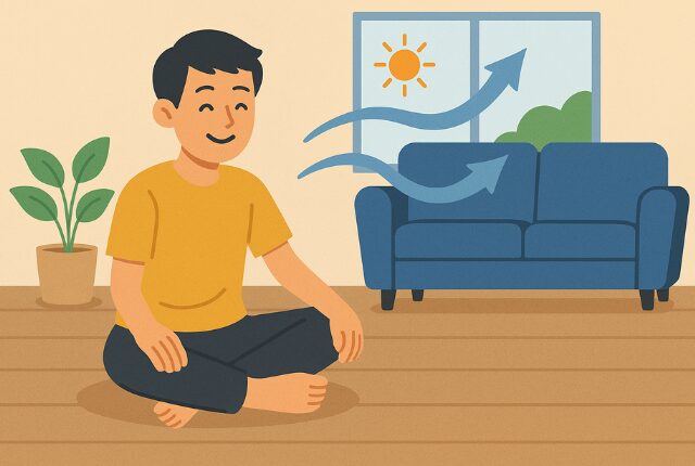 部屋にラグを敷かないで快適な笑顔であぐらをかく男性イラスト