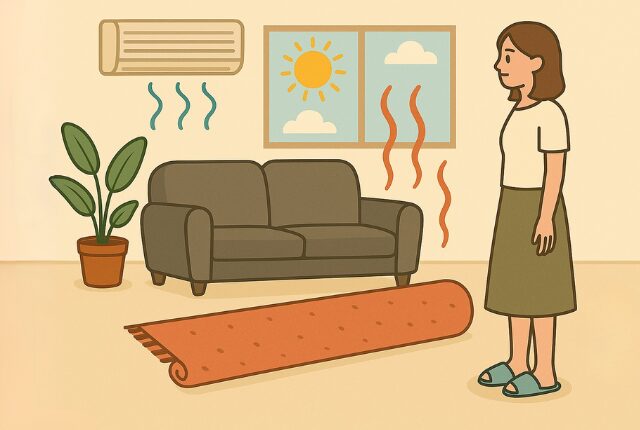 部屋にラグを敷こうか考えている女性のイラスト