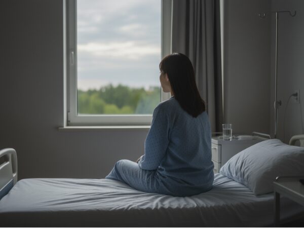 病室のベッドに座って、窓からぼんやりと外の景色を見ている女性