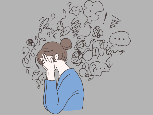 顔を隠して悩んでいる様子の女性のイラスト
