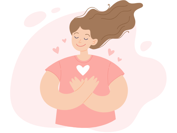 小さな白いハートを抱えて目を閉じている女性のイラスト