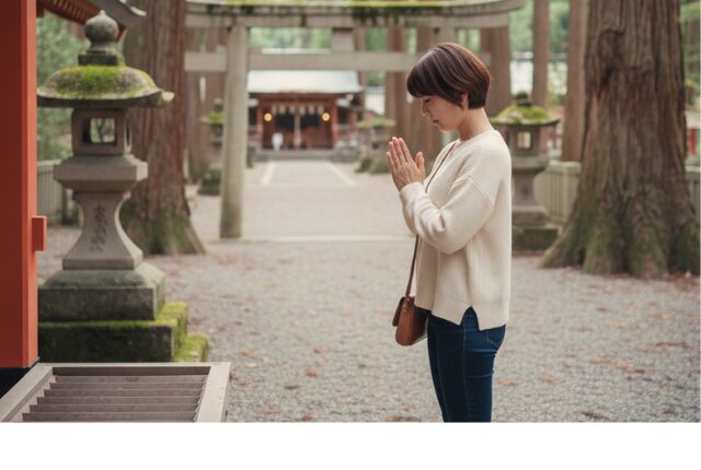 神社で参拝するショートヘアーの女性