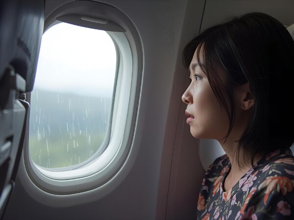 飛行機の窓から外の土砂降りの雨を見ている女性