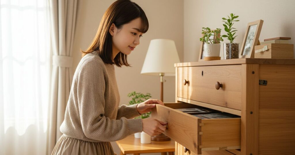 タンスの引き出しを開けてみている女性
