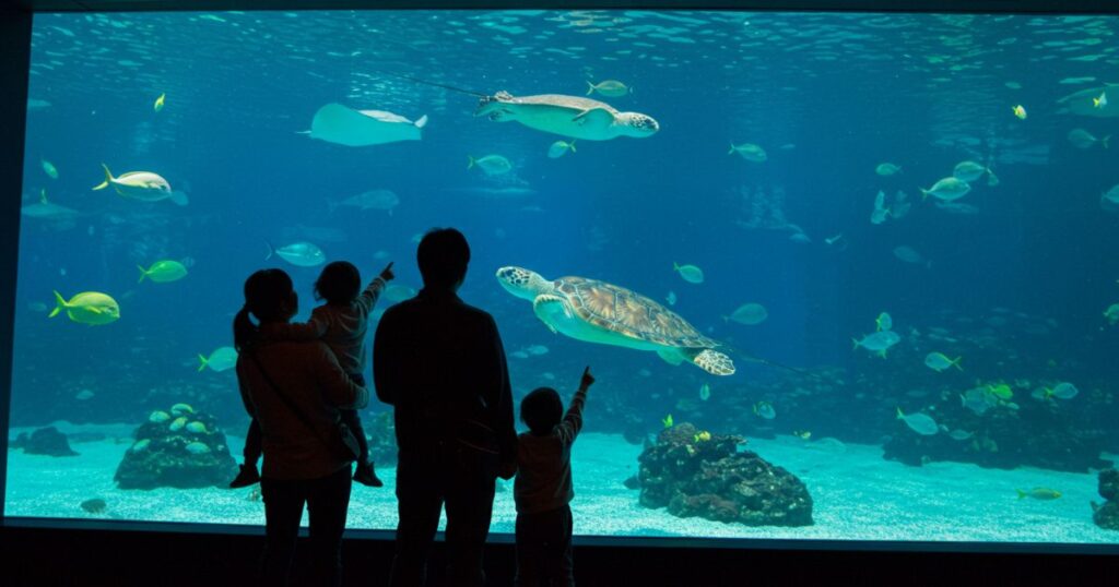 水槽の中のウミガメを指さす子どもと親子