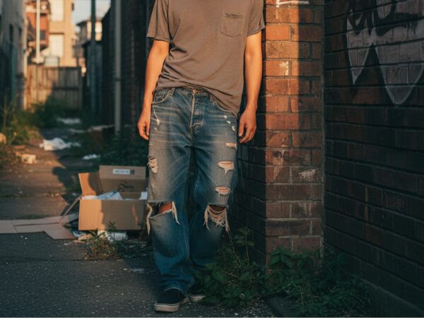 ダメージジーンズをはいた男性