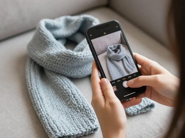 スマホで自分で編んだマフラーの写真を撮っている様子