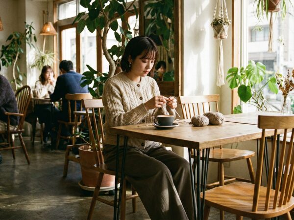 おしゃれなカフェで編み物をする女性