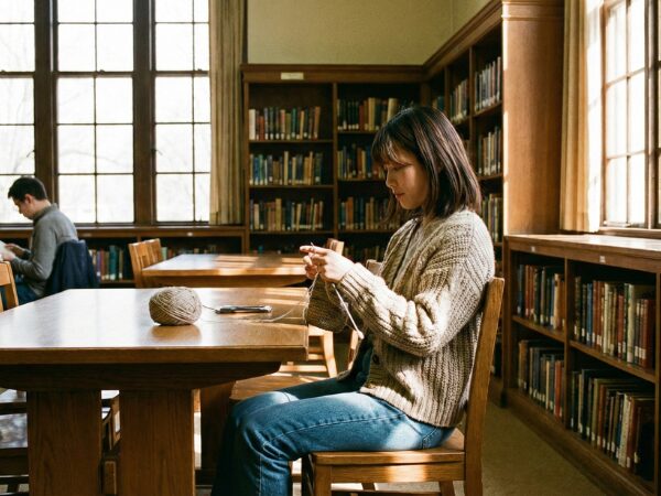 図書館の椅子に座って編み物をする女性