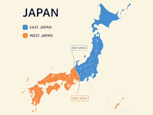 東日本(青)と西日本(赤)に分かれている日本地図
