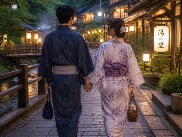 手をつないで浴衣姿で温泉街を歩くカップル