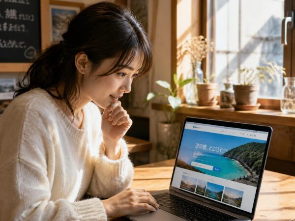 パソコンの画面を見て旅行の予約を調べている女性