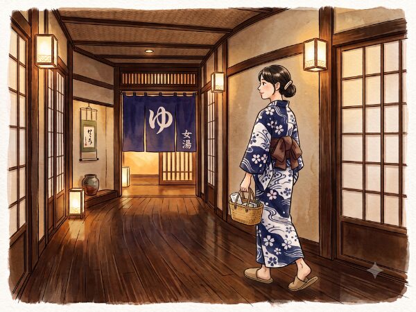 浴衣姿で旅館内の女湯に向かう女性