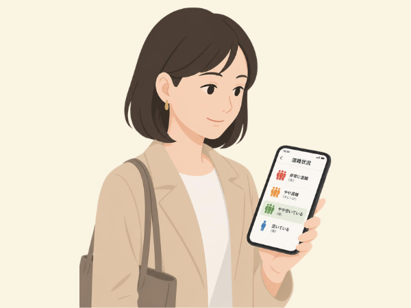 スマホを見て混雑状況を確認している女性