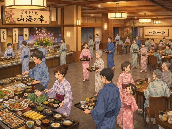 旅館内の混雑しているビュッフェ会場の様子