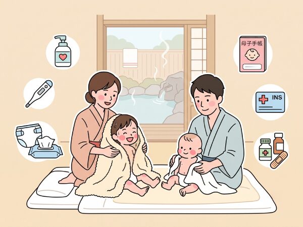 旅館の部屋で子どもたちの体を拭いている両親